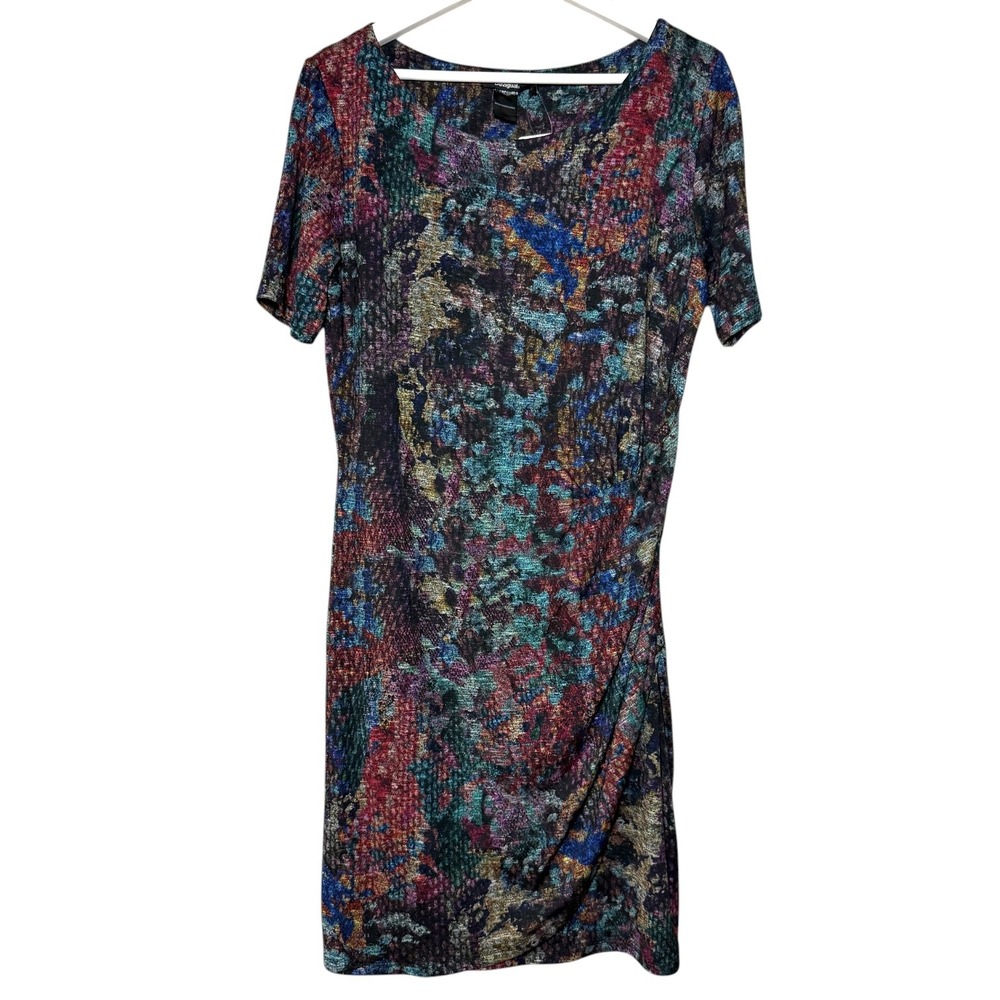 DESIGUAL Short Forest Dress Multi‎ Color Abstract Art Print Ruched Knit Size L